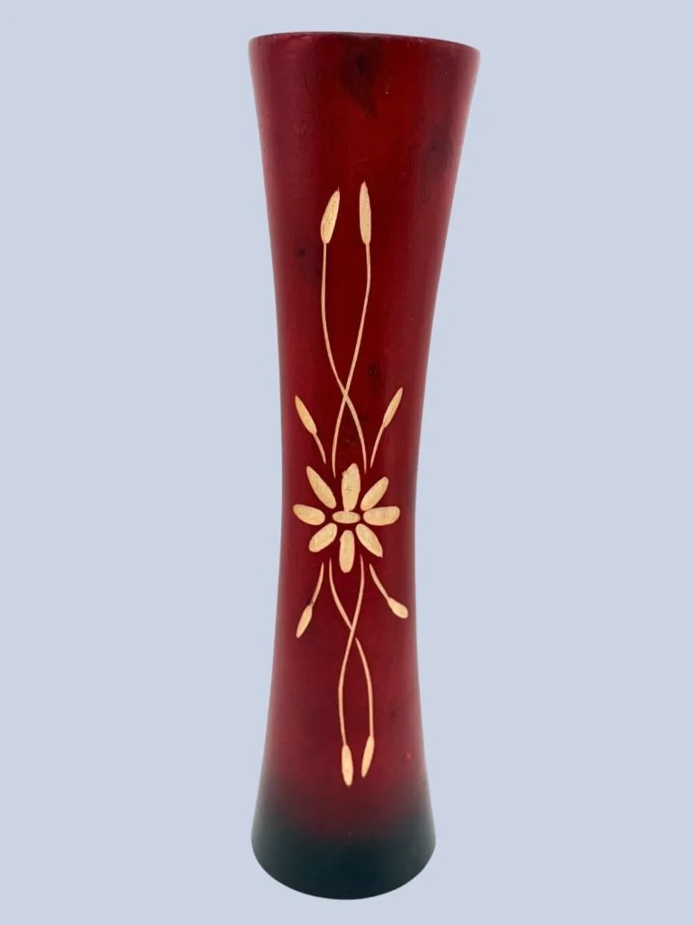 Vintage Jamaican Hand Carved Wood Vase Red Floral Folk Art Souvenir 12”